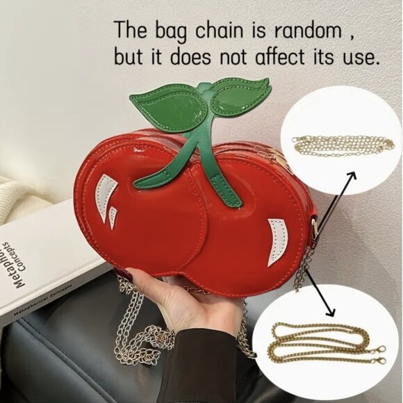Cherry Red Mini Shoulder Bag Green Leaf Chain Strap - Picture 7 of 10